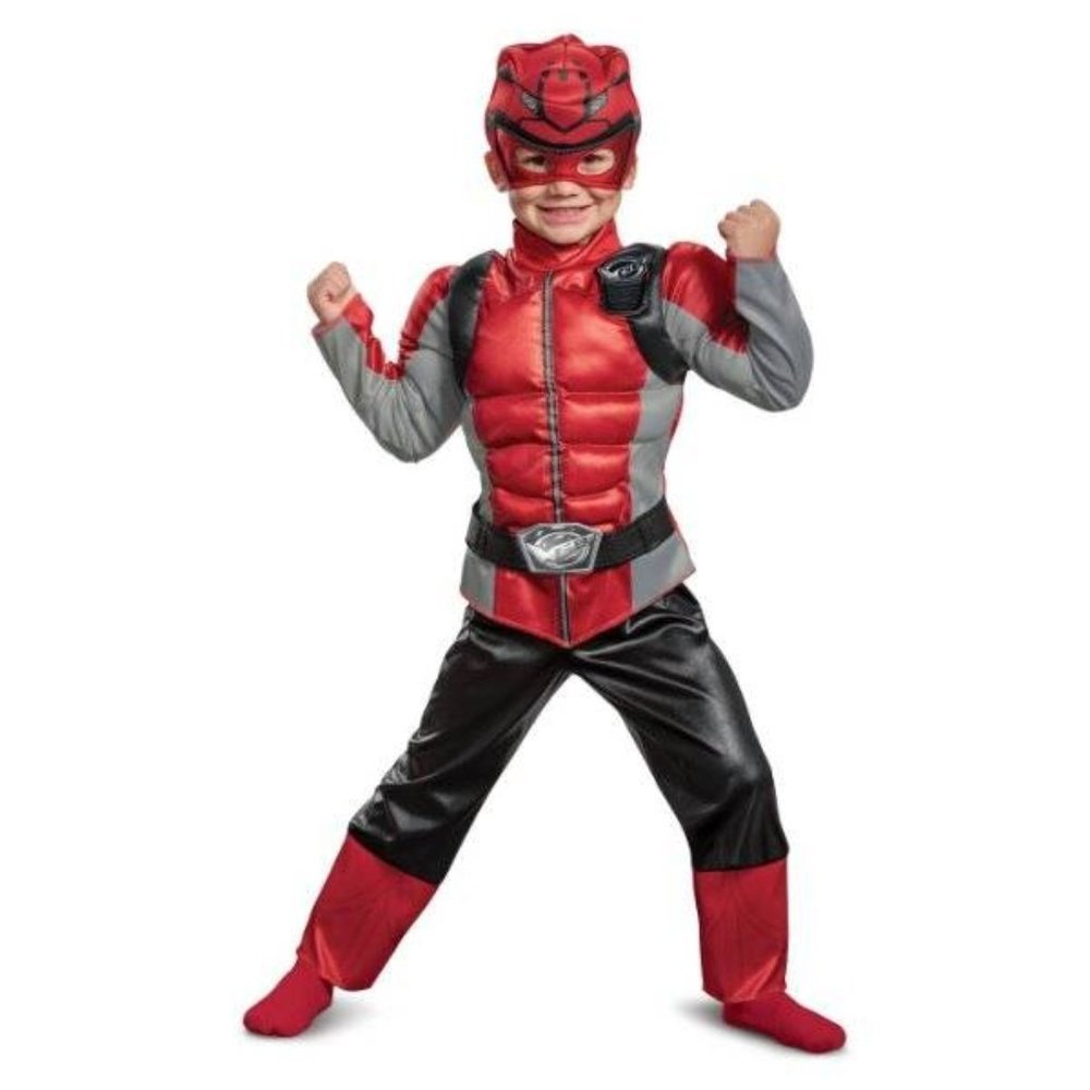 Power Rangers Halloween Costume 3T/4T Red Muscle Jumpsuit Headpiece Boys Toddler
